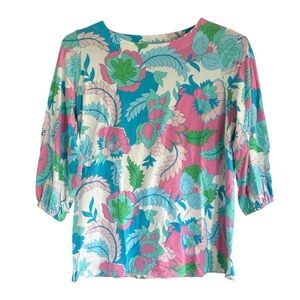 Belle by Susan Gravel Size XS Blue Pink Floral Triplelux Knit Top 3/4 Sleeve